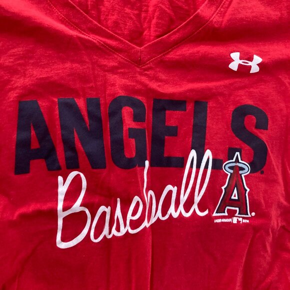 Los Angeles Angels T Shirt Red Womens Small Under Armour Cotton Short Sleeve GUC - Picture 2 of 3